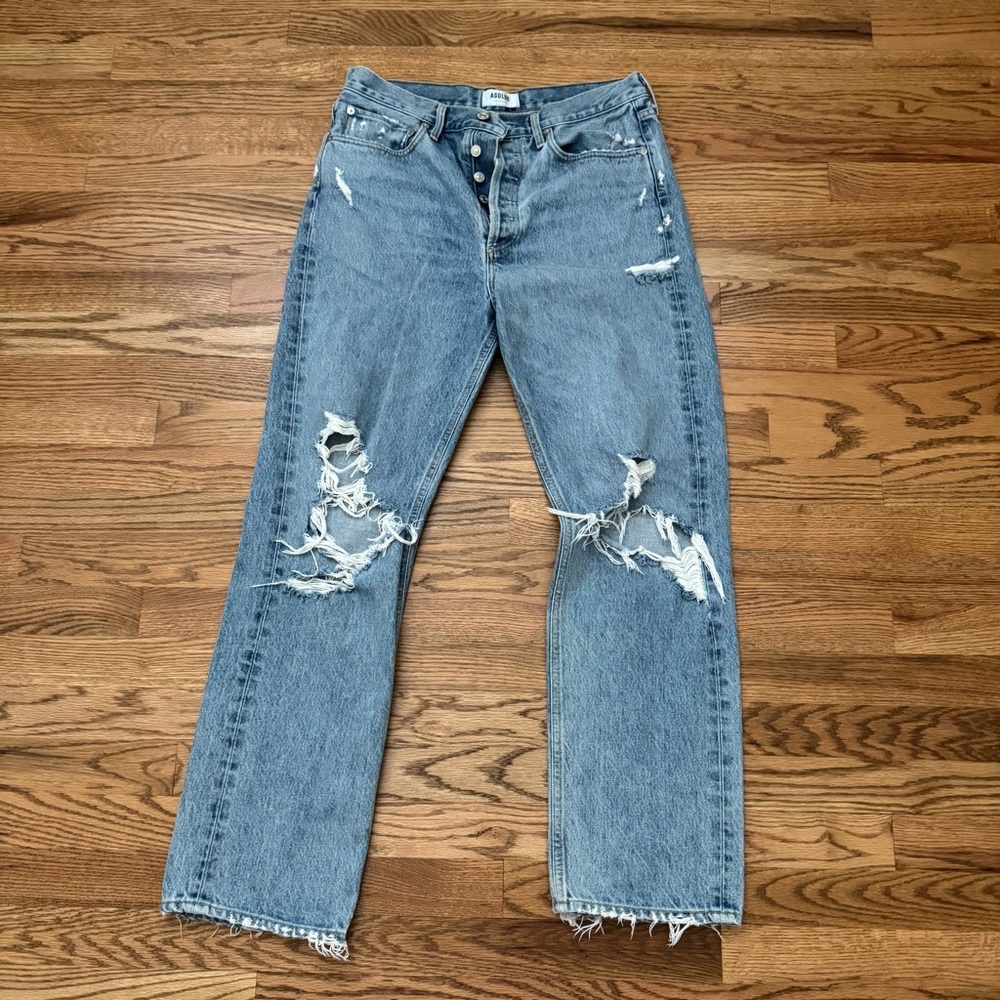 Agolde Blue Distressed Straight Leg Jeans
